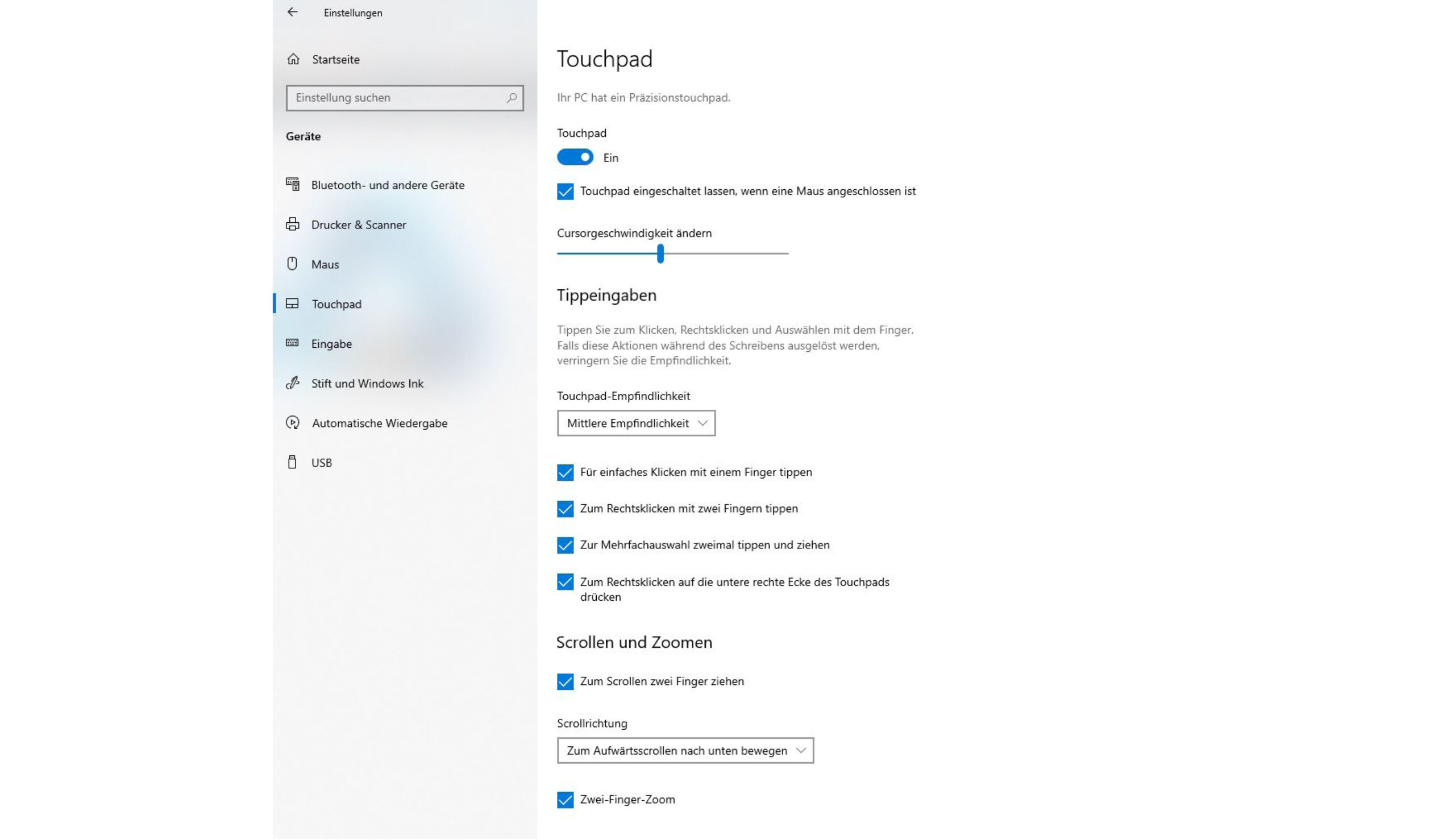 TouchpadSettings_Screenshot_Deutsch Screenshot der Windows Touchpad Einstellungen